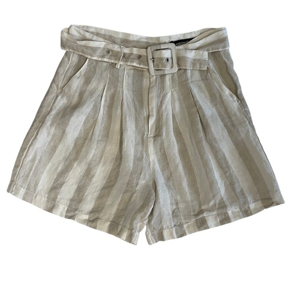 BlankNYC Linen Shorts Beige Striped Belted High Waisted Pleated Summer Sz 28